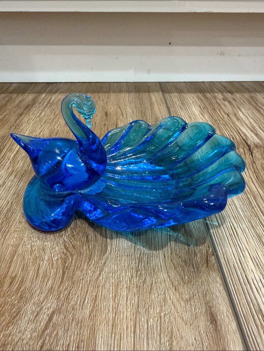 Vintage 1993 Blue Glass Swan Decorative Bowl - Handblown and signed Ozark